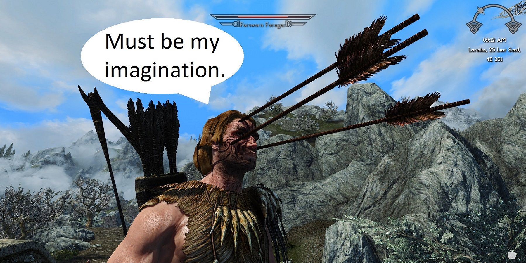 Image from Skyrim showing an NPC with arrows in their face, and a speech bubble above with the words