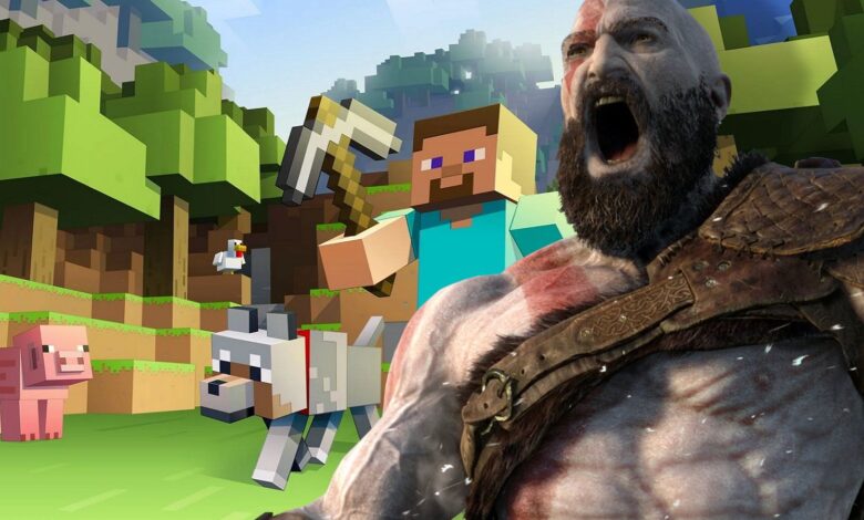 Image from Minecraft with God of War's Kratos yelling in the foreground.