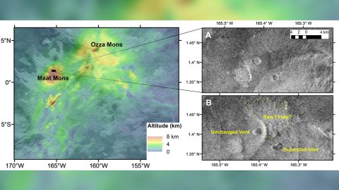 Los datos de altitud (izquierda) y las imágenes tomadas por Magellan del respiradero volcánico (derecha) representan la actividad volcánica en Venus.