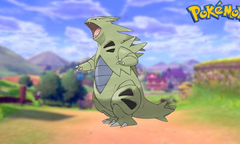 Tyranitar in a Pokemon Sword and Shield background