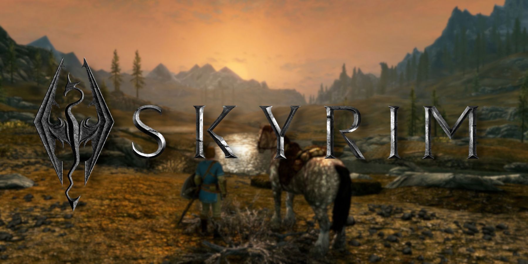 The Skyrim logo with the player and their horse observing a beautiful sunset/sunrise.