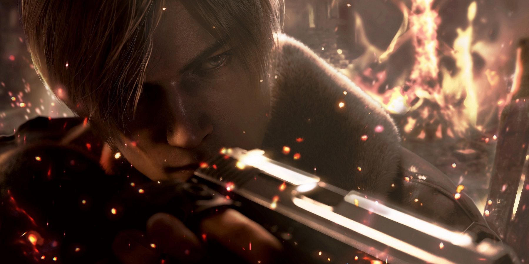 Image from the remake of Resident Evil 4 showing Leon Kennedy with fire behind him.