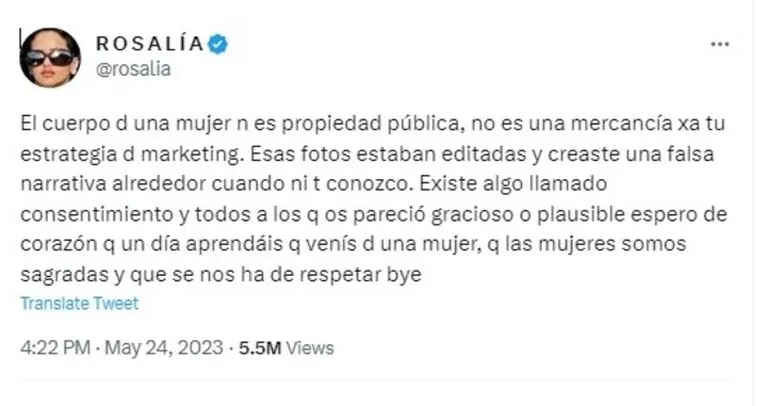 El descargo de Rosalía después de la difusión de fotos falsa de ella desnuda (Foto: Twitter/rosalia)