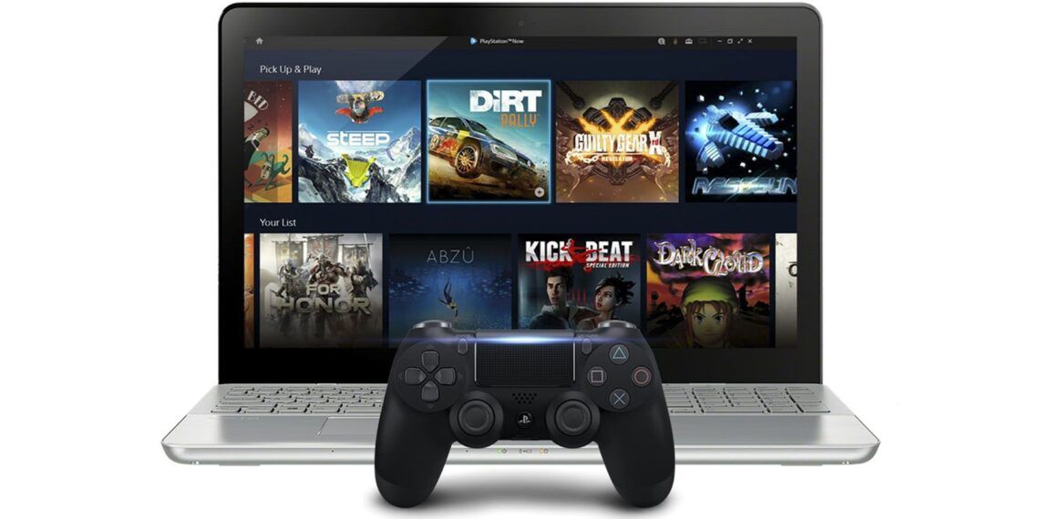 A picture of a laptop accessing games with a PlayStation 4 Controller in front of it.