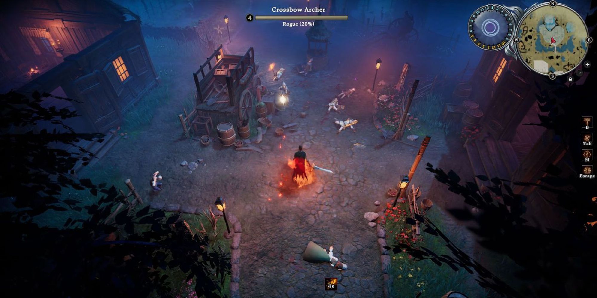 Una escena de combate alejada en V Rising.  el protagonista rodeado por una corona de llamas mientras se acercan a los arqueros enemigos